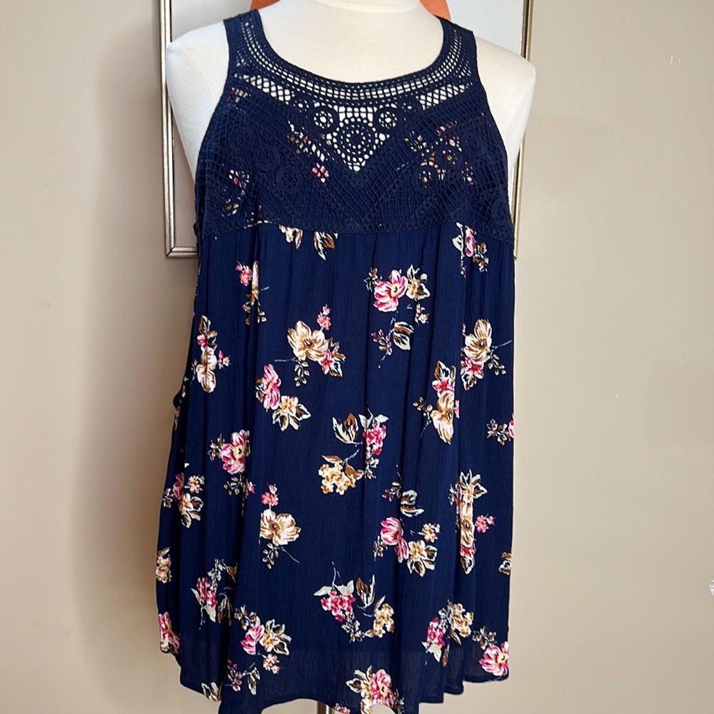 torrid Navy Blue Floral Crochet Yoke Tank Top
